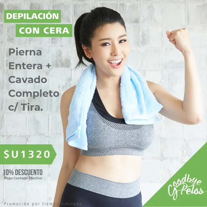 Promoción Depilación Femenina con Cera Sistema Español en Pierna Entera y Cavado Completo con Tira. Precio Promocional $U1320