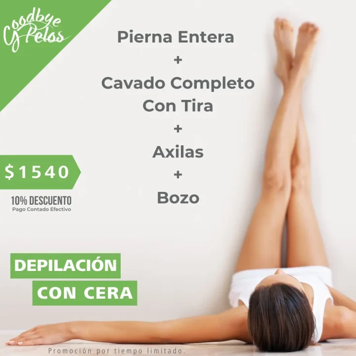 Promoción Depilación Femenina con Cera Sistema Español en Pierna Entera, Cavado Completo con Tira, Axilas y Bozo. Precio Promocional $U1540